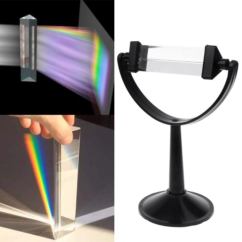 Optisch glazen drievoudig driehoekig prisma met standaard voor het lesgeven in het natuurkundelichtspectrum