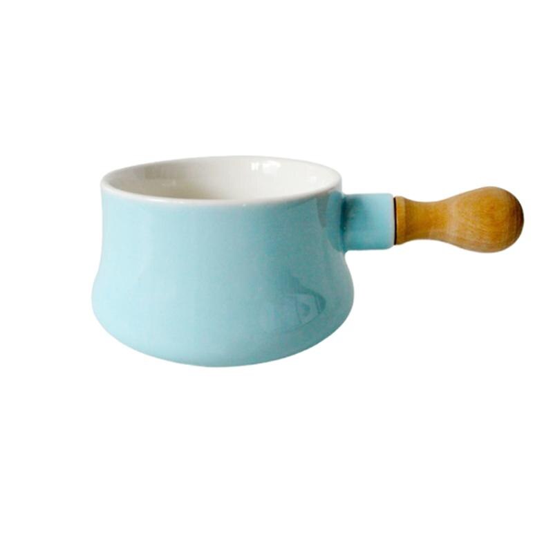 380Ml Keramische Mini Steelpan Soepkom Noodle Ontbijt Melk Koffie Kom Met Houten Handvat Keuken Koken Gereedschap: Sky-blue