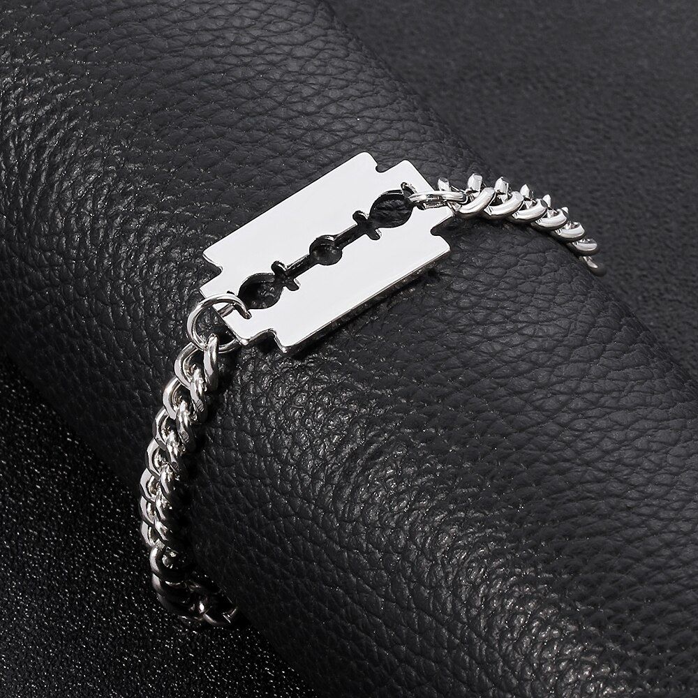 Punk Hip Hop Razor Blades Shaped Pendant Bracelet Men Silver Color Miami Curb Thick Choker Bracelet Jewelry Husband