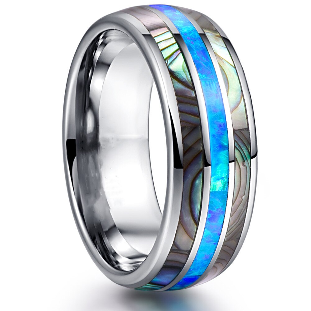 FDLK 8MM Wide Inlaid Shells Blue Opal Stainless Steel Men Rings Never Fade Engagement Ring Men's Jewelry Size 6-13