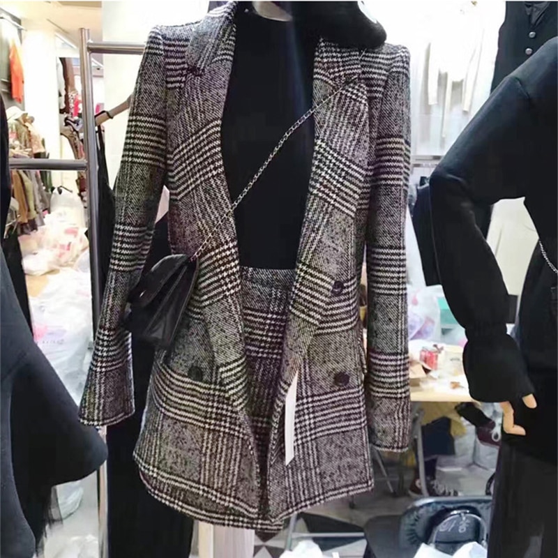 Höst damdräkter tvådelade set rutiga blazer kostym penna kort kjol uppsättningar oversize jacka kvinnliga outwear kläder