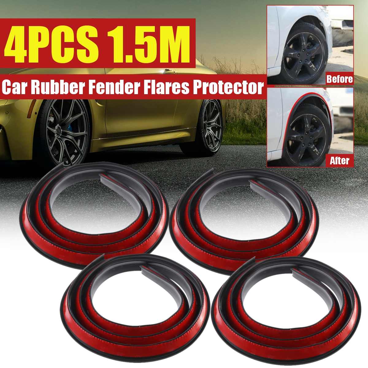 2x/4x Universele Rubber Auto Anti-Collision Wiel Wenkbrauw Spatbord Bescherming Sticker 1.5M Auto Wheel Arch strip: 4pcs