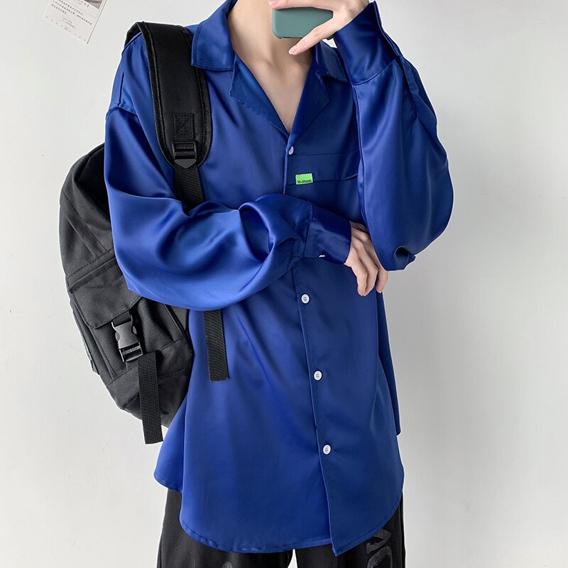 Klänningskjorta herr enfärgade affärs-vardagsskjortor herr streetwear social herrskjorta vild lös långärmad skjorta: Blå / 2xl
