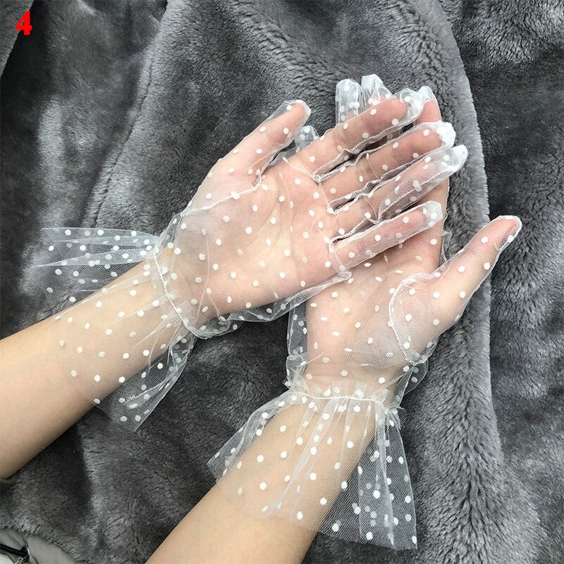 Gants en Tulle à pois noirs, 1 paire, en dentelle, maille, gaze, Ultra fins, transparents, pour fête, robe complète, mitaines: 4