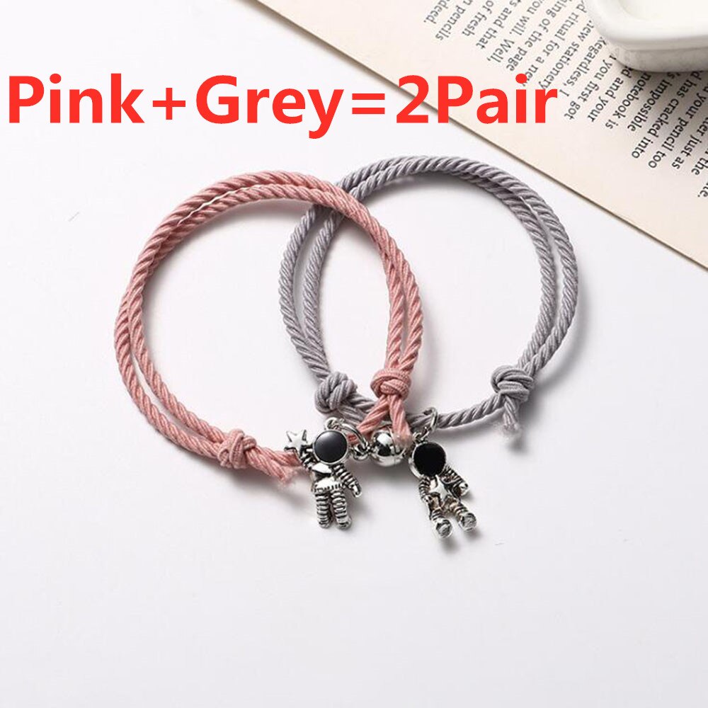1/2 pary para bransoletka astronauta mała gumowa zespół, aby wysłać dziewczynę chłopak magnes kamień dzwon bransoletka wiązane głowy liny: Pink Gray-2Pair