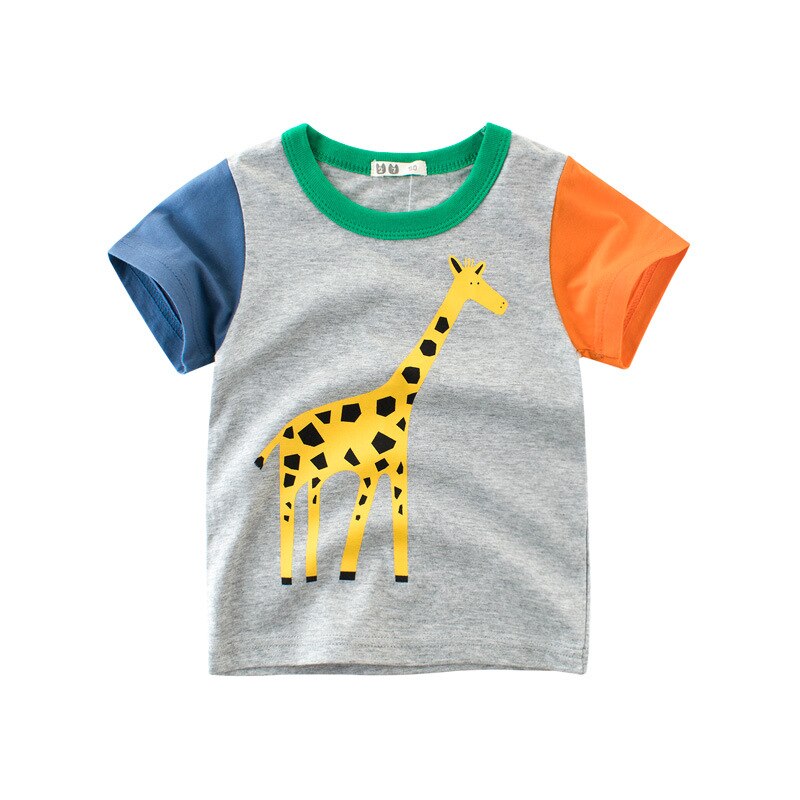 Summer Kids Boys 1T-10T Top Short Sleeve Cartoon Animals Patterns Patchwork Top: グレー / 4T