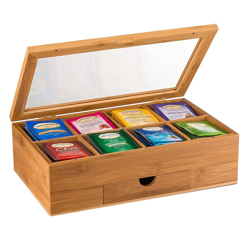 Tea Organizer Bamboo Tea Box with Small Drawer 100% Natural Bamboo Tea Chest - Great Idea