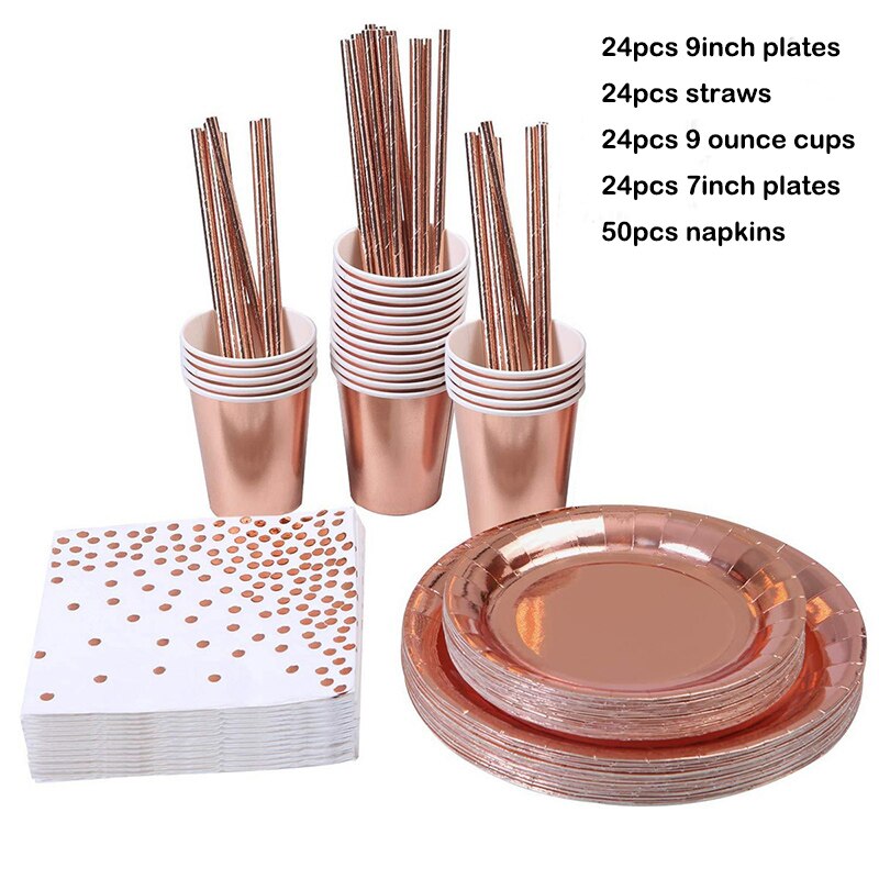 Set roségouden feestdecoraties, ballonnen, kwastjes, folie, franjes, gordijnen, tafellopers, linten voor een bruidsdouche, babyshowerfeestje