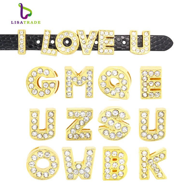 130PCS 8MM Gold Color Slide Letters English Alphabet A-Z Fit Bracelet Wristband /Pet Name Collar Dog Collar LSSL07*130