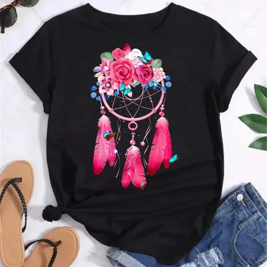 T-shirt plume Dreamcatcher pour femme, t-shirts graphiques Harajuku, chemise ReplCatcher, vêtements à la , Y: S / Rouge