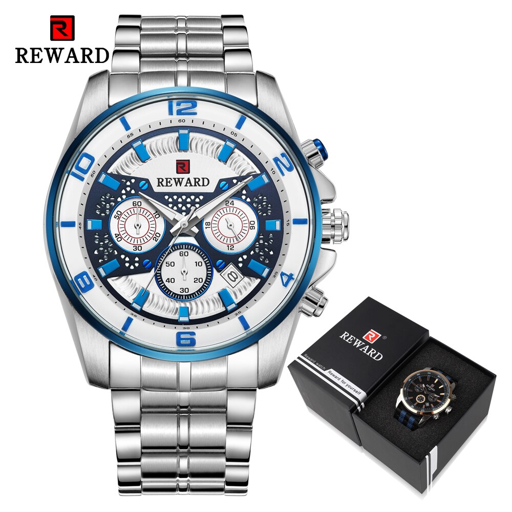 Reward sport chronograaf herenhorloges volledig stalen quartzhorloge grote wijzerplaat waterdicht horloge heren gouden polshorloges relogio masculino: Zilverblauw in doos