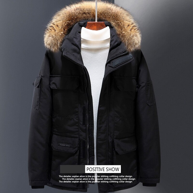 Veste d'hiver parka à capuche en fourrure de canard blanche pour hommes, 20 degrés, manteau de fourrure épaisse et chaude pour hommes, coupe-vent avec grandes poches