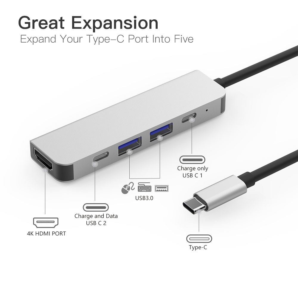 Haribol 5 port Typ C Hub USB C zu HDMI USB 3,0 Ports,4K HDMI port USB-C Power laptop docking station