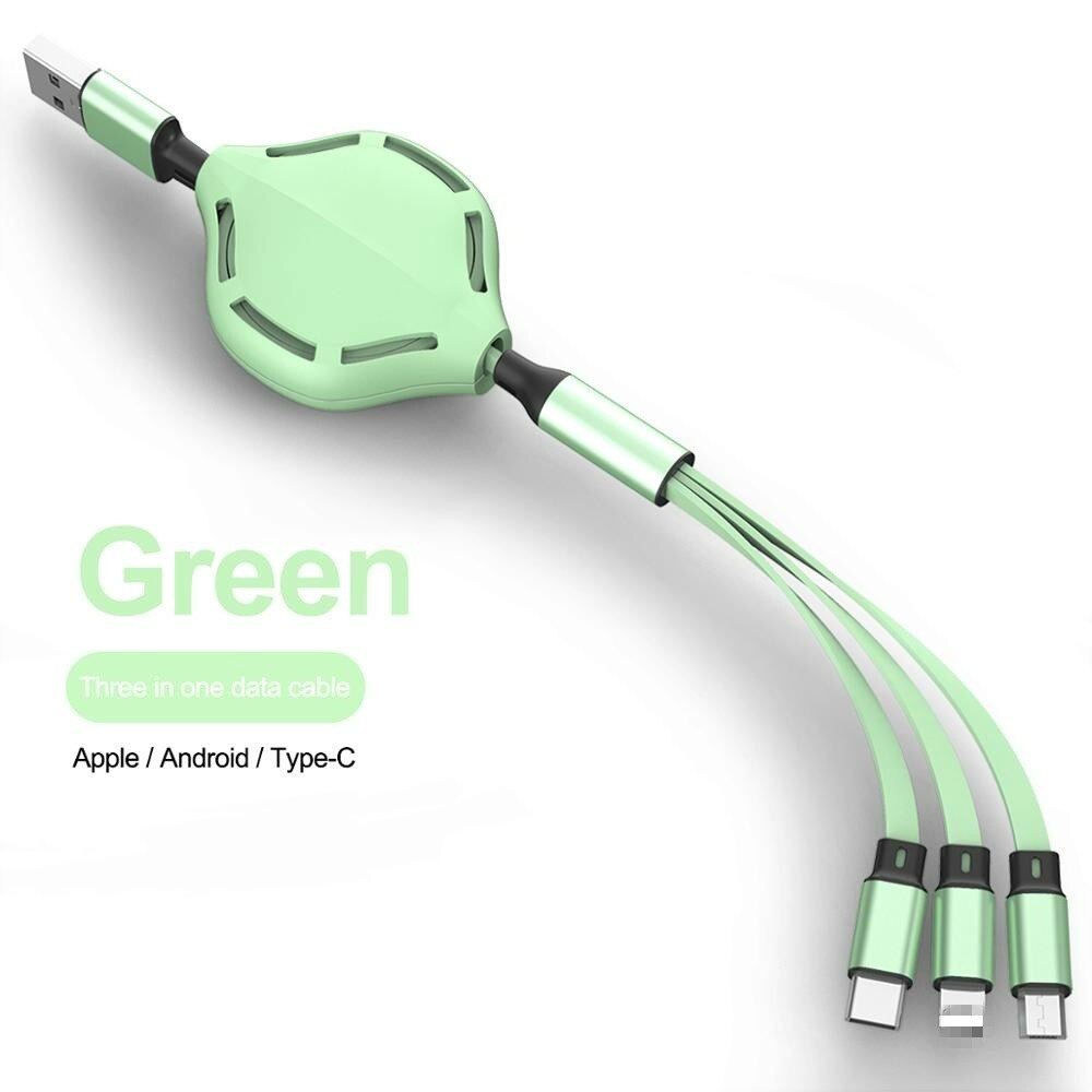 1m novo telescópico 3 em 1 rápido USB-C tipo c ios micro usb carregador rápido cabo de dados retrátil cabo de carregamento portátil: E02000421-green