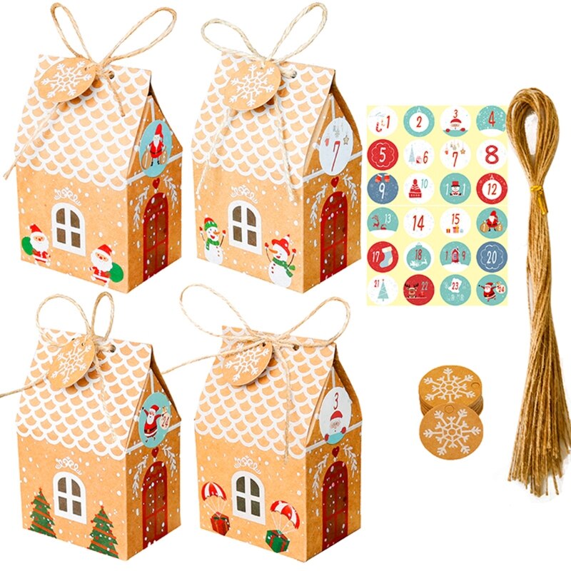 24 sets kersthuisjes, kraftpapier, koekjes, snoepzak, sneeuwvloklabels, 1-24 adventskalenderstickers, henneptouw, feestbenodigdheden