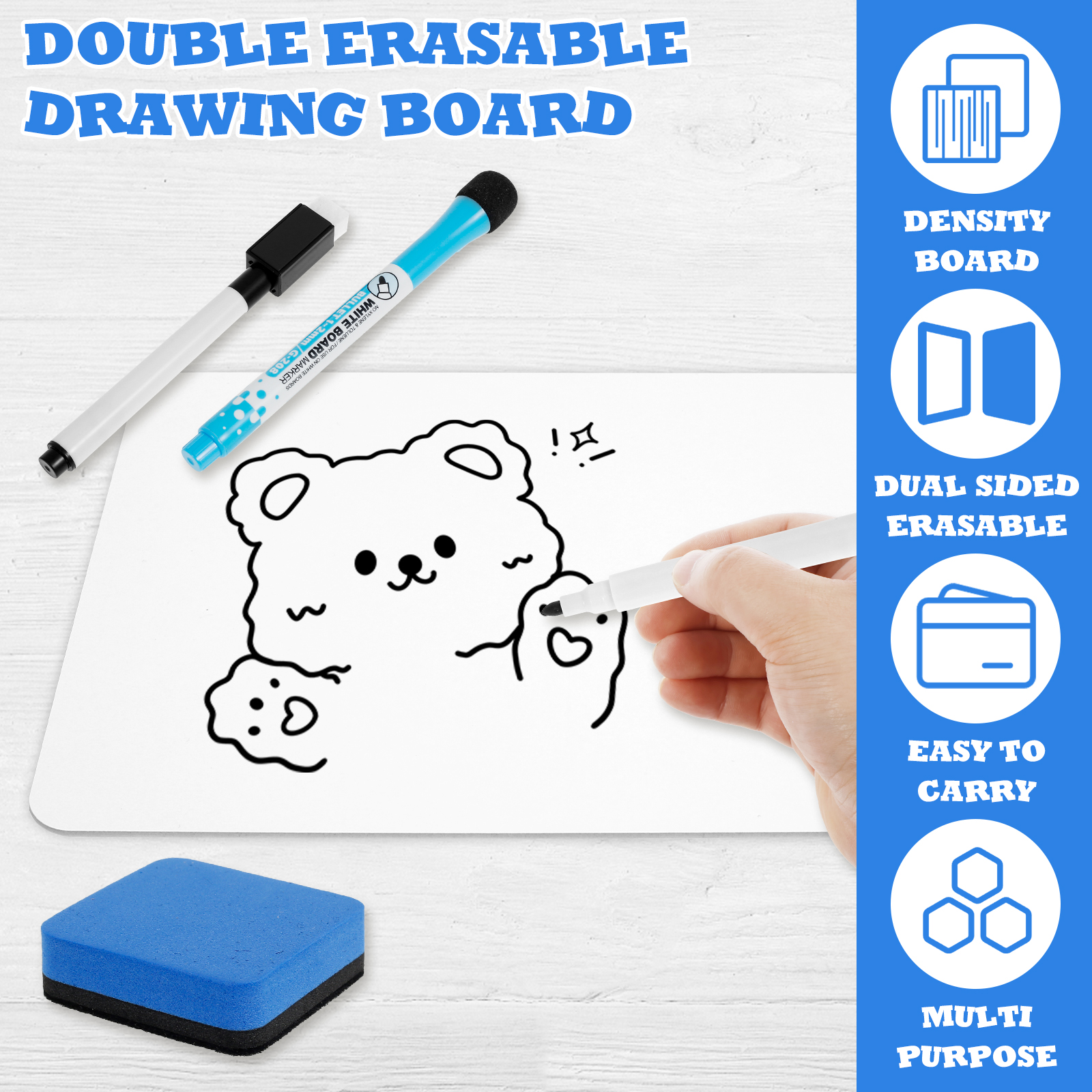 5-delig mini droog uitwisbaar bord, langdurig klein wit bord met marker en gum, dubbelzijdig droog uitwisbaar whiteboard voor kantoor