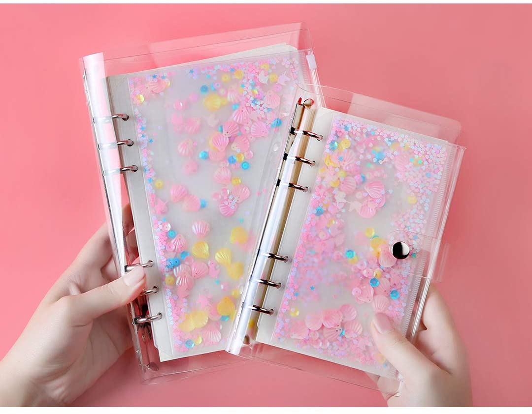 Archivador con agujeros y bolsillos de plástico para libreta, bolsa con cremallera para 6 anillos, con copos de brillantina, decoración de estrellas, A5/A6