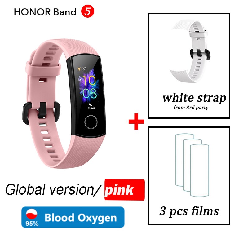 Honor band 5 wereldwijde versie smartband amoled hartslag fitness slaap zwemmen sport bloedzuurstofmeter: Roze wereldwijd wit