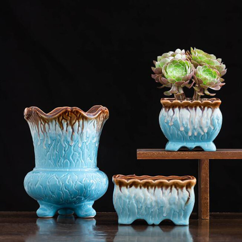 Kreative blau glasierte saftige Blumentopf große Durchmesser atmungsaktive Blumentopf Vase mit einem See Garten Garten Wohnkultur