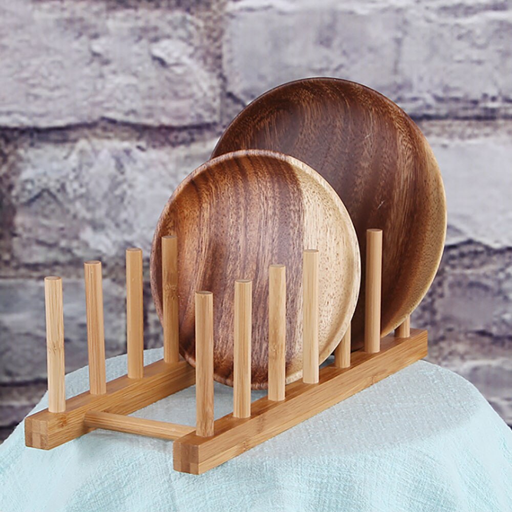 Bamboo Wooden Dish Rack Plate Rack Stand Pot Lid Shelves Kitchen Cabinet Organizer for Cup Cutting Board Bowl Drying Rack