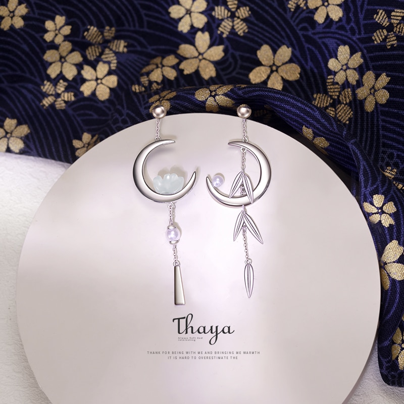 Thaya Authentieke 925 Sterling Zilveren Oorbel Dangle Crescent Earring Bamboe Bladeren Japanse Stijl Voor Vrouwen Oorbel Fijne Sieraden