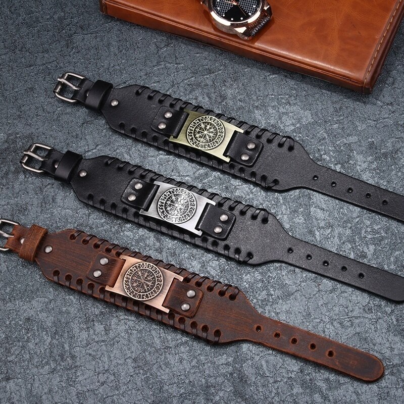 2021 toten design nórdico viking odin bússola pulseira para homem mão-tecido ampla pulseira de couro ajustável pulseiras punk jóias