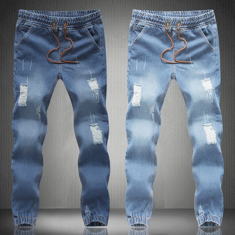 Men Jeans Drawstring Slim Fit Denim Ankle Length Casual Pants