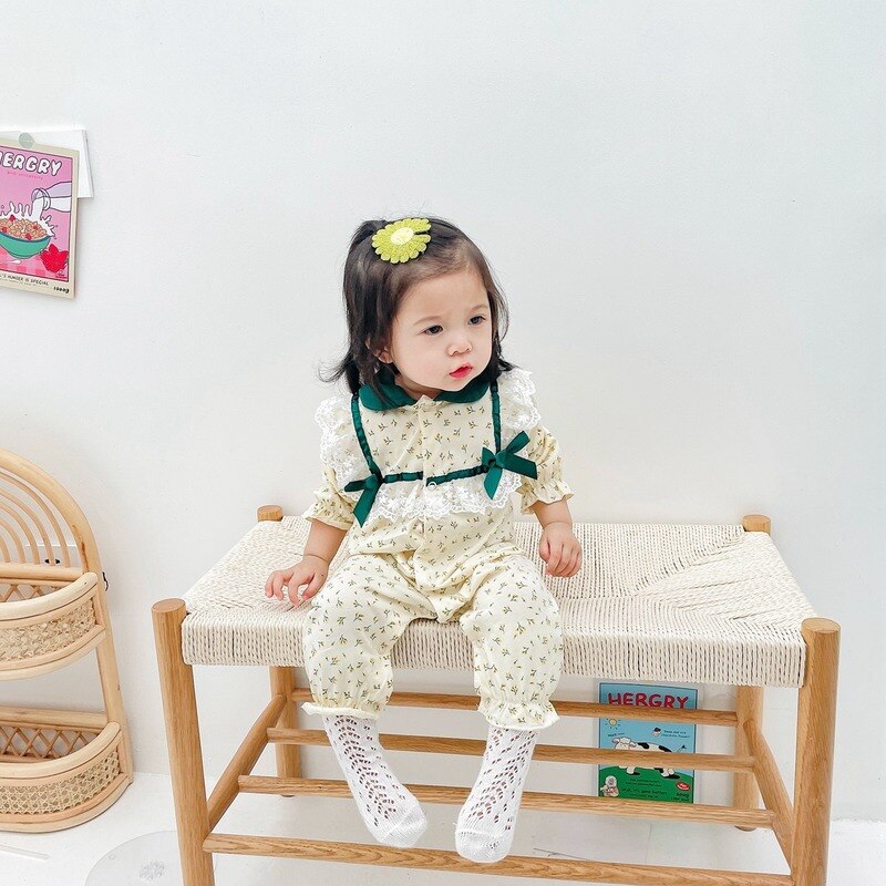 Newborn Baby Girl Clothes Lace Prints Pajama Silk Spring Sleepwear Cotton Blanket Sleepers for Crawling Three Quarter