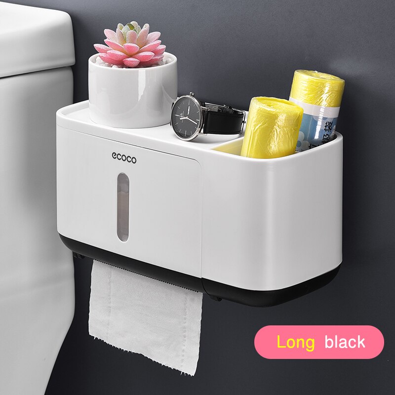Vægbeslag toiletpapirholder vandtæt bakke rulletoiletpapirholder multifunktionel badeværelsesarrangør: Lang sort