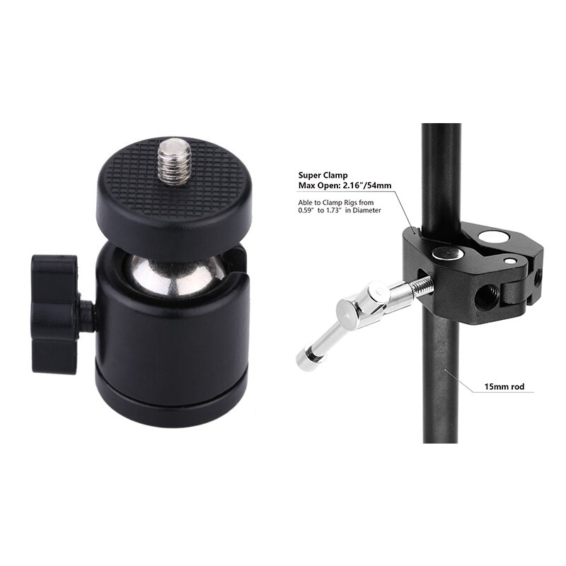 1 Pcs Mini Ball Head 1/4 Inch Mount for Camera Tripod & 1 Pcs Super Clamp with 1/4Inch-20 and 3/8Inch-16 Thread