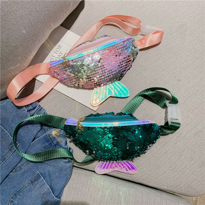 Kinderen Meisjes Mode Sequin Taille Tas Single Schouder Borst Mobiele Portemonnee Glitter Mermaid Crossbody Handtas Portemonnee