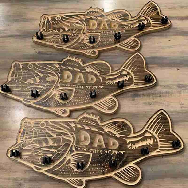 Wooden Large Mouth Bass Fishing Rod Holder Wall Mounted Father&amp;#39;s Day Retro Fishing Pole Rack With 6 Rod Holder