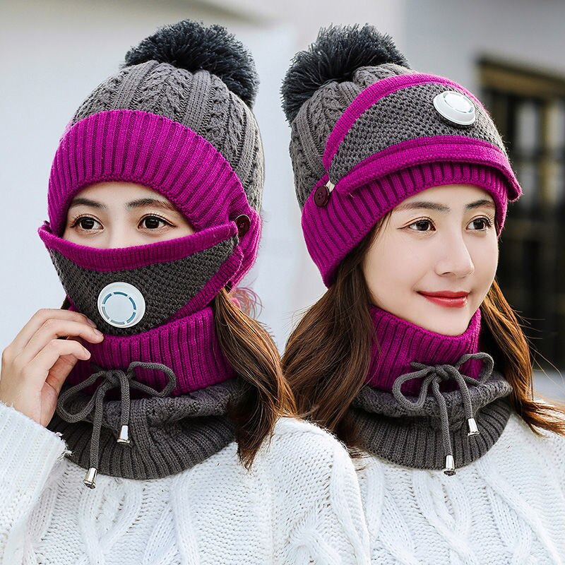 Vindtät mössa mössor dam varma stickade mössor scarf set dam vinter vadderad mask halsskydd 3 pc set cykling ullkepsar: Set lila lila