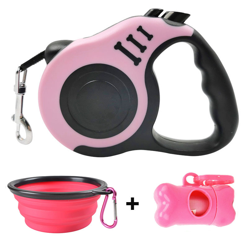 Intrekbare Hondenriem Met Hond Afvalzak Dispenser En Tassen + Hond Kom Zware Walking Leash Voor Honden Pet puppy Leash 3M/5M: Pink 1 / 5M