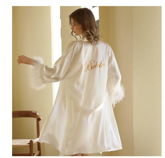Bata de baño de satén para dama de honor y novia, Kimono bordado, ropa de dormir suelta, a la , para de boda: L / Negro