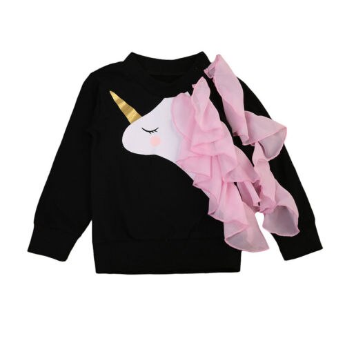 T-shirt manches longues fille | Hauts à volants noirs et roses, décontracté és, mignons, pour l'hiver: 18M