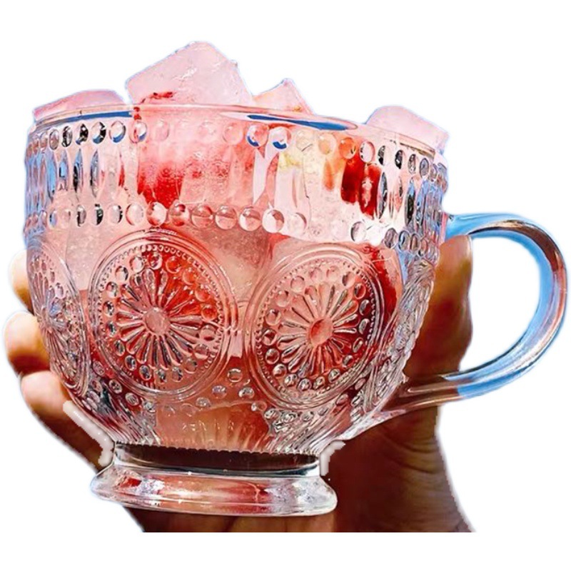 Embossed Sunflower Glass Cup Transparent Milk Breakfast Drinkware Water Cup with Handle Large-Capacity Oatmeal Mug: colorful