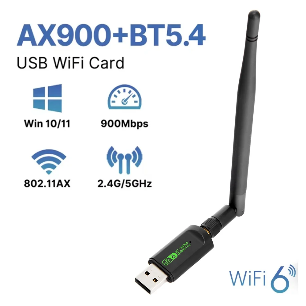 WiFi 6 Bluetooth 5.4 2 in 1 Dongle 900Mbps 5dbi Antenna AX900 Wireless Receiver USB Receiver for Windows 10/11