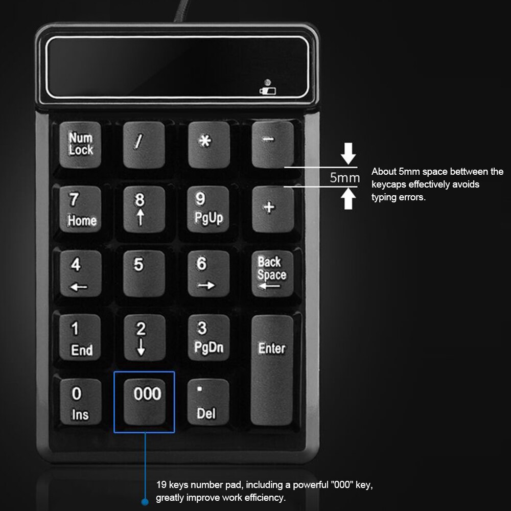 USB Wired Numeric Keypad Mechanical Feel Number Pad Keyboard 19 Keys Water-proof Keyboards for Laptop Desktop PC Notebook Black