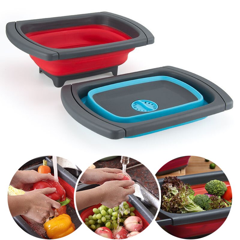 Colador plegable ecológico para frutas y verduras, colador de cocina, cestas de drenaje plegables con asas retráctiles