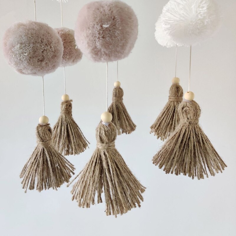 Carillon à vent en bois pour bébé, Mobile, pompon coloré en peluche, boule suspendue