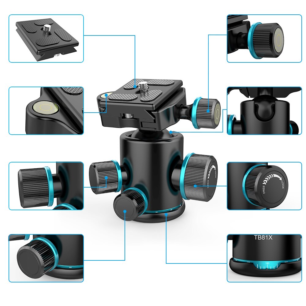 Andoer TB81X 360 Graden Roterende Panoramisch Balhoofd Voor Statief Monopod Met 3 Pcs 1/4 "Tot 3/8" Schroef adapters