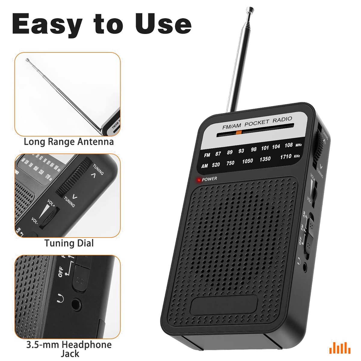 Am fm fickradio, transistorradio med högtalare, hörlursuttag, bärbar radio för inomhus- och utomhusbruk