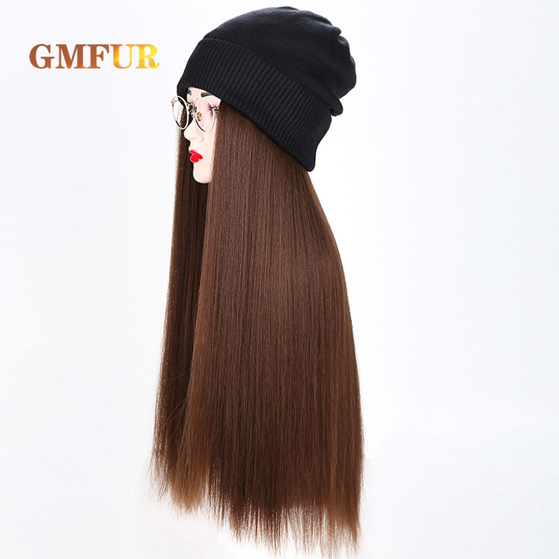 Sombrero con pelucas de pelo para mujer, pelo largo y liso, sintético, cálido y suave, gorro de punto, todo en uno, con sombrero