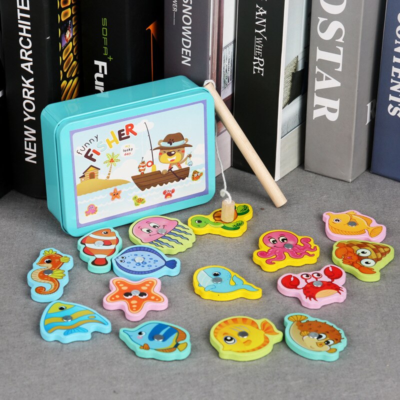 15pcs Fish Wooden Iron Box Magnetic Fishing Game Toy Baby Parent-child Interaction Learning Educational Toys for Children Boys