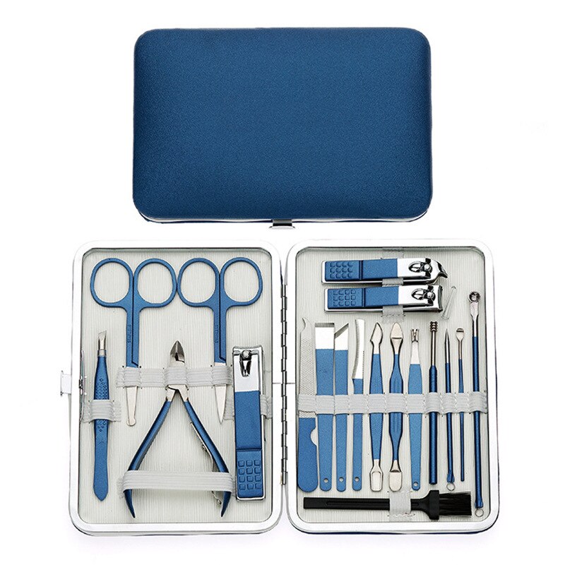 Ensemble de coupe-ongles de manucure, boîte de 18 pièces, cuillère d'oreille bleue domestique, coupe-ongles de pédicure, ciseaux à ongles, couteau à ongles