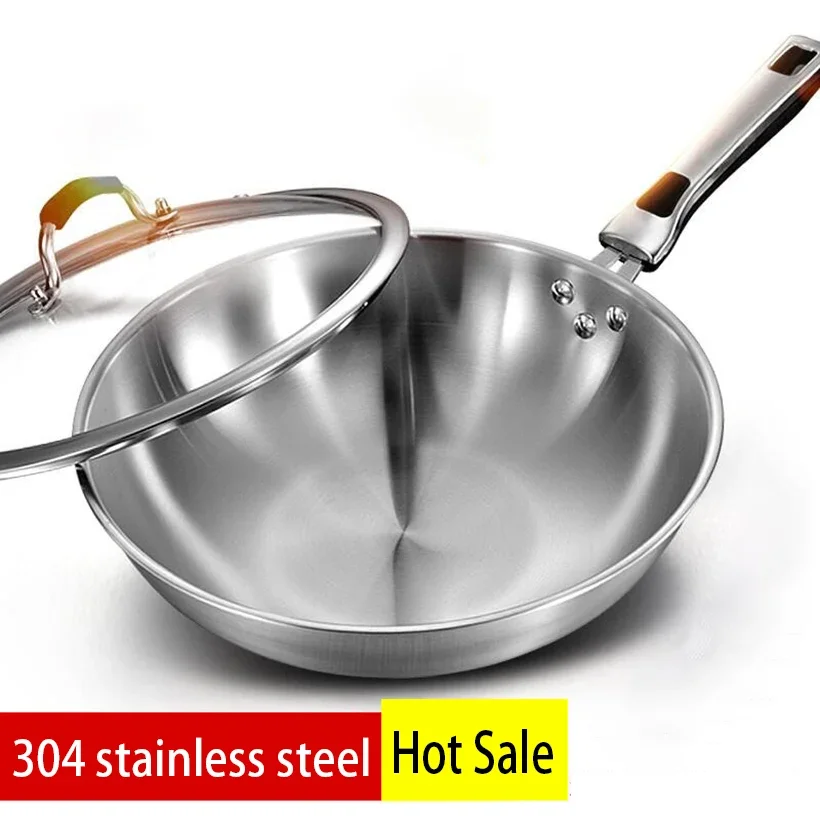 32cm ångfria non-stick wokpannor 304 stekpanna i rostfritt stål med glaslock hushålls-obelagrad wok-spis gaslämplig