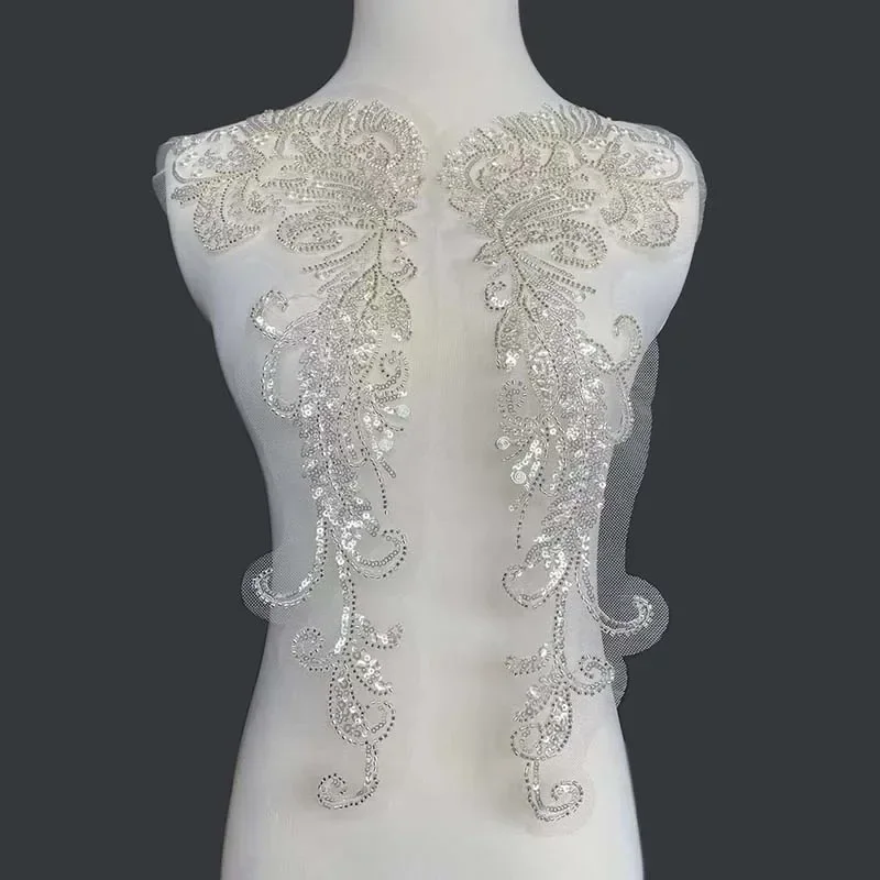 45*16cm vita pärlbroderier med paljettmönster, applikationer och sy-på-lappar, ,3d blommönster, tyg, spetsbroderi, sybehör för bröllopsklänningar: Vit
