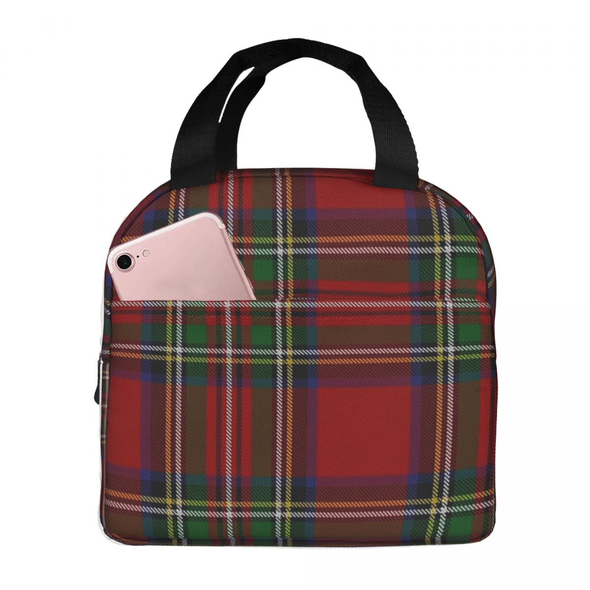 Royal Tartan Plaid Lunch Bag Waterproof Insulated Canvas Cooler Bag Thermal Cold Food Picnic Travel Tote for Women Children: black