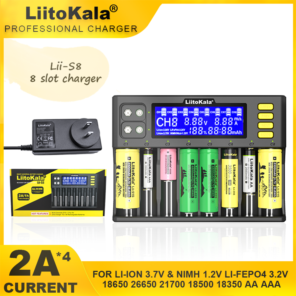 Liitokala lii -s8 s12 akkulaturi 9v li-ion 3.7v nimh 1.2v li-fepo 4 3.2v 3.8v 18650 26650 21700 26700 16340 18350 aa aaa: Sininen